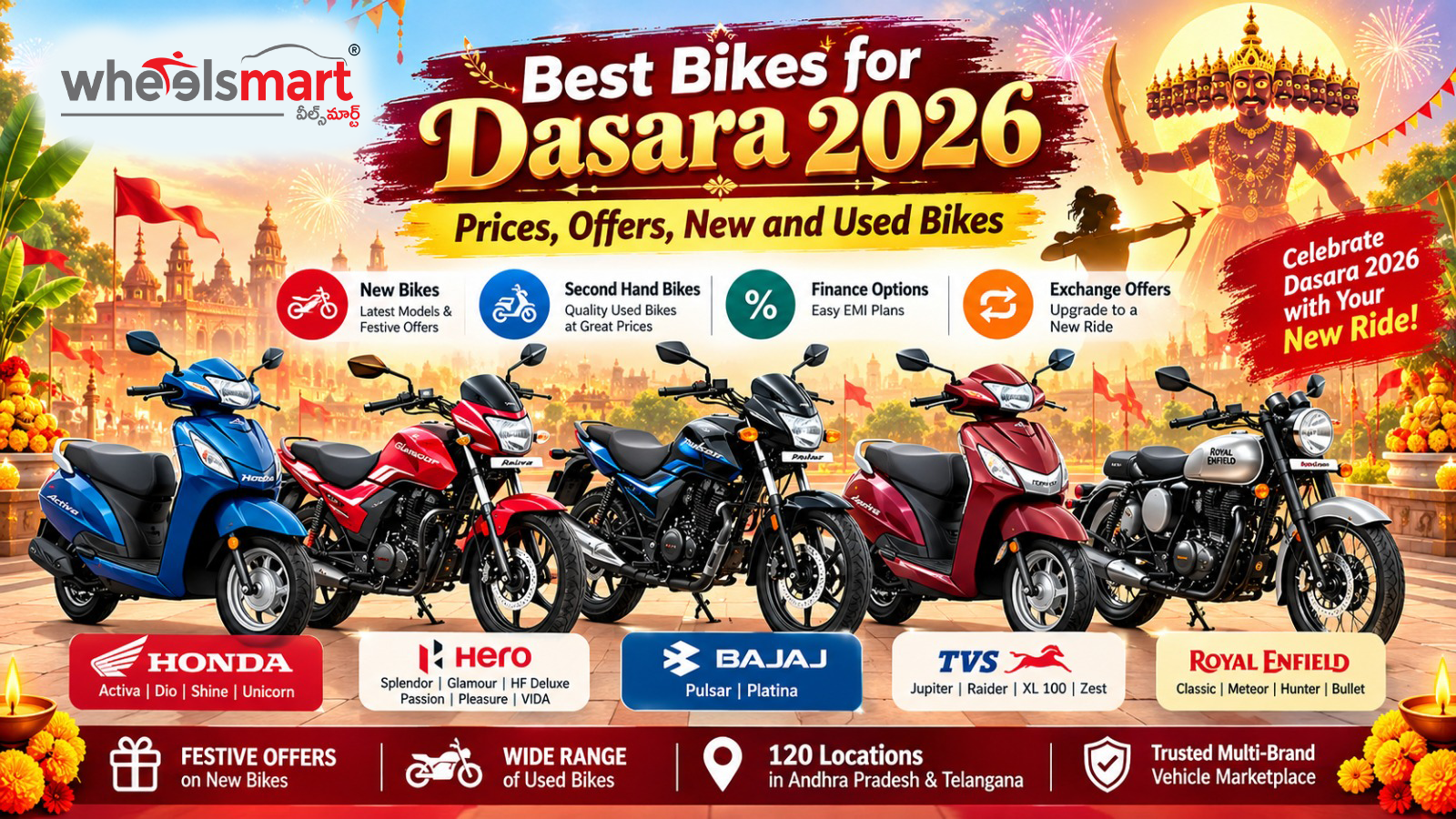 Best bikes for Dasara 2026 with new and second hand bike prices, festive offers, and Honda, Hero, Bajaj, TVS and Royal Enfield models at Wheelsmart in Andhra Pradesh and Telangana.